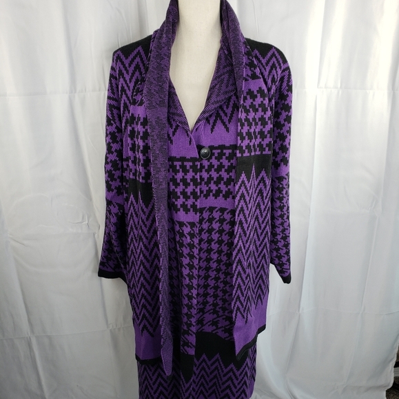 Anthony's Original Purple & Black Midi One Button Built In Scarf Sweater Sz M - Picture 6 of 12
